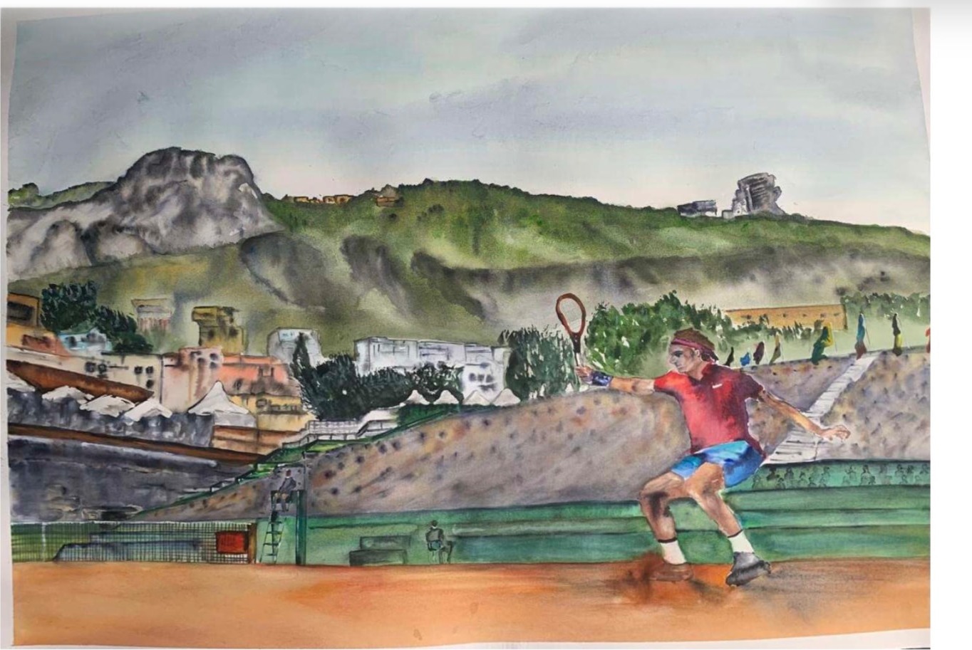 Roger Federer en Monaco — Acuarela sobre papel 100% algodón de 300 g