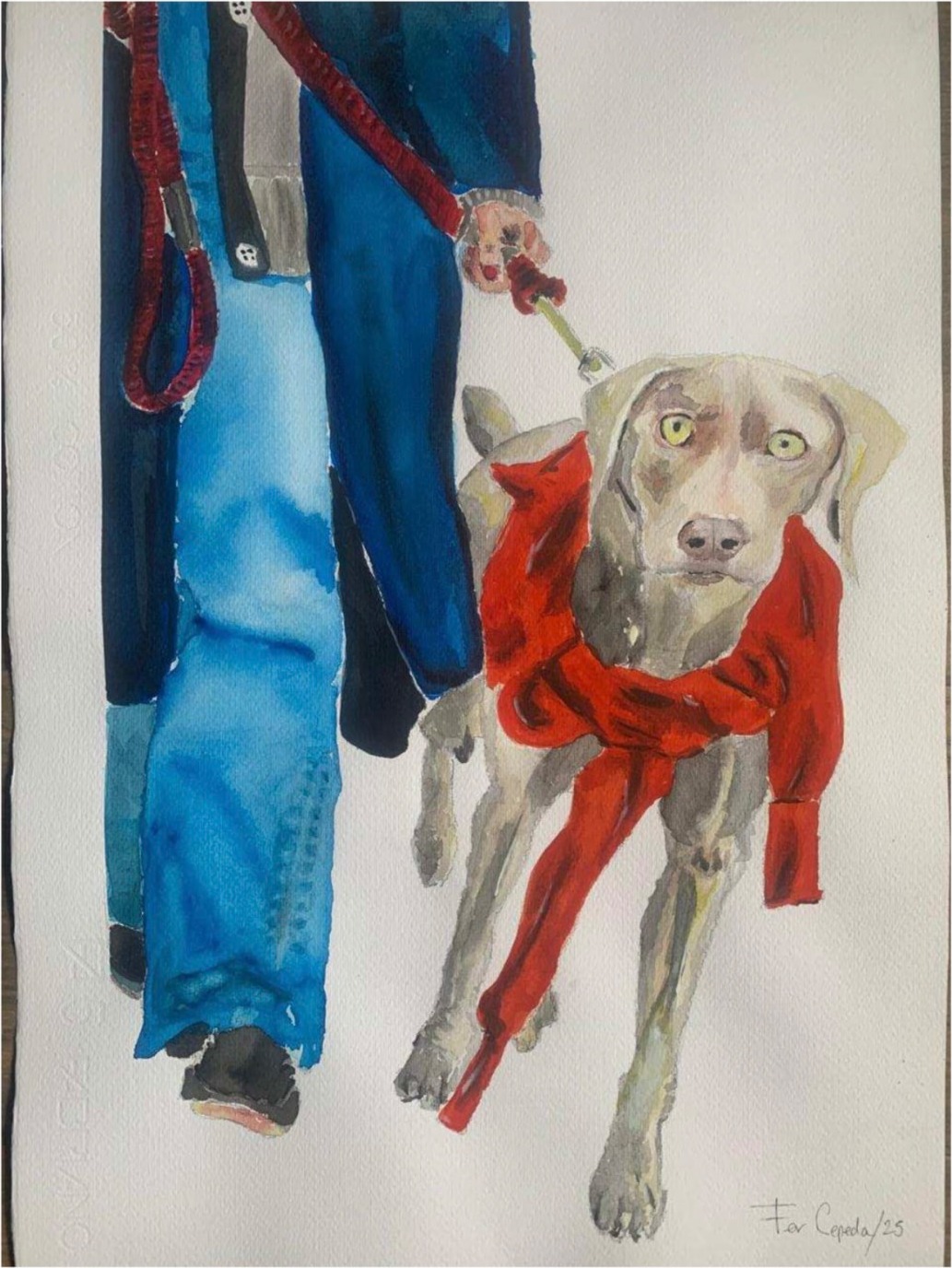 Paseo con perro — Acuarela sobre papel 100% algodón de 300 g
